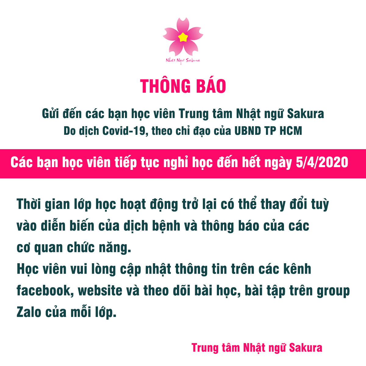 Thông báo nghỉ học trường Sakura