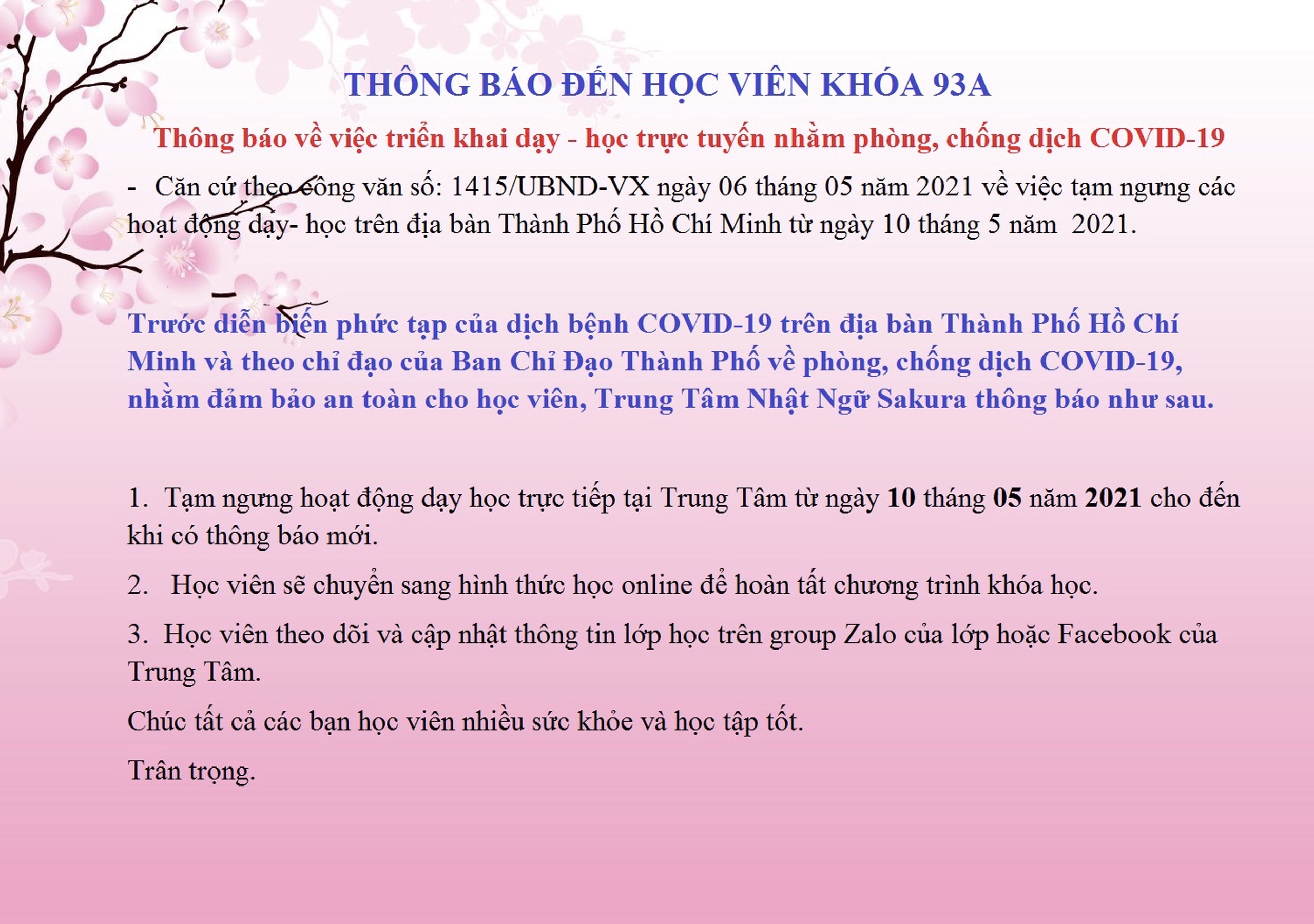 Thông báo trường Nhật Ngữ Sakura